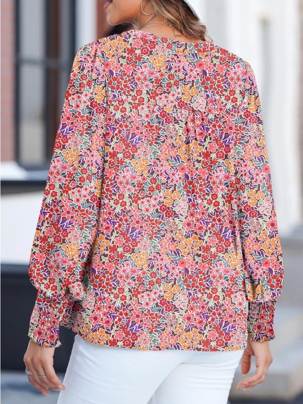 Womens Boho Floral Blouse XXL V Neck Long Sleeve Smocked Cuff Casual NEW - Picture 3 of 3